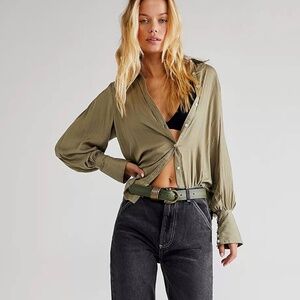 Free People Serena Silky Shirt Olive Blouse  Large